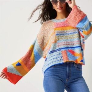 Sincerely Jules Multicolor Abstract Wool Blend Knit Patchwork Sweater